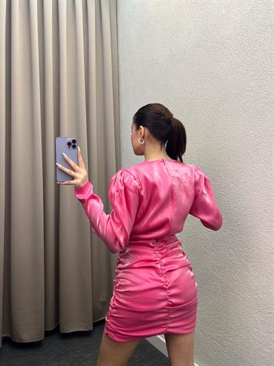 Rose Pembe Parlak Saten Straplez Elbise