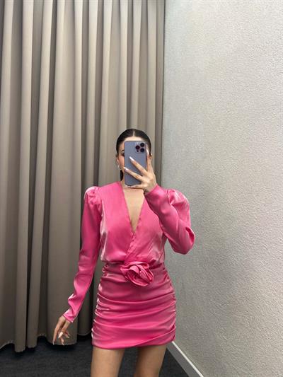 Rose Pembe Parlak Saten Straplez Elbise