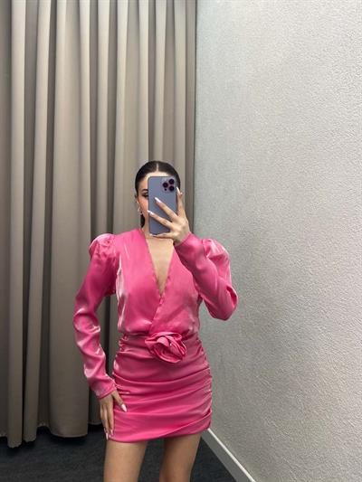 Rose Pembe Parlak Saten Straplez Elbise