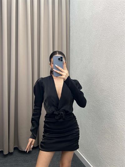 Rose Siyah Parlak Saten Straplez Elbise