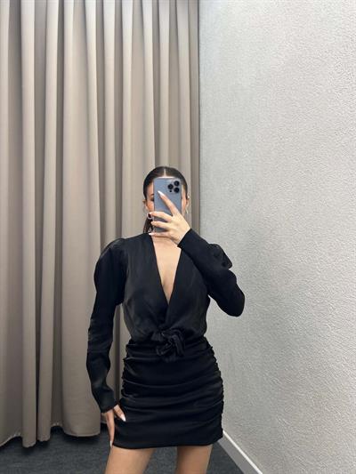 Rose Siyah Parlak Saten Straplez Elbise