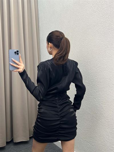 Rose Siyah Parlak Saten Straplez Elbise