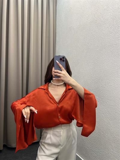 Saten Turuncu Yarasa Kol Gömlek