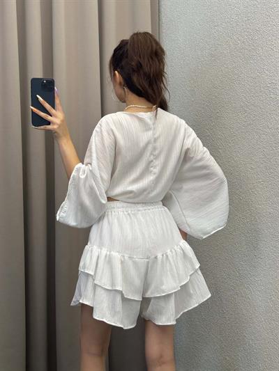 Sats Beyaz Şort Etek Bluz İkili Takım