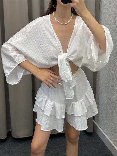 Sats Beyaz Şort Etek Bluz İkili Takım