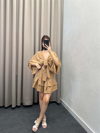 Sats Kahve Şort Etek Bluz İkili Takım