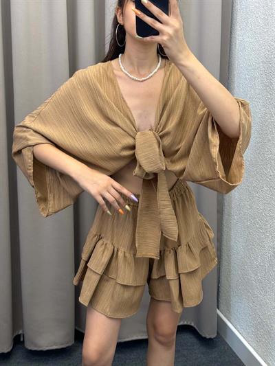 Sats Kahve Şort Etek Bluz İkili Takım