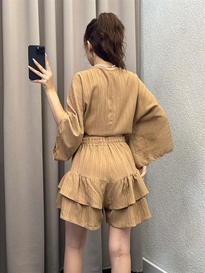 Sats Kahve Şort Etek Bluz İkili Takım
