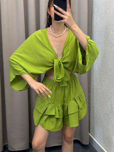 Sats Yağ Yeşili Şort Etek Bluz İkili Takım