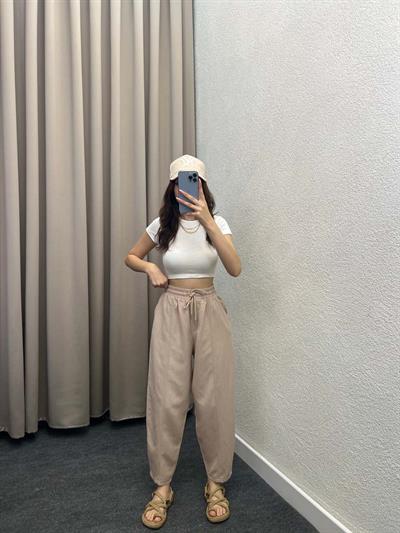 Silenos Koyu Bej Keten Pantolon