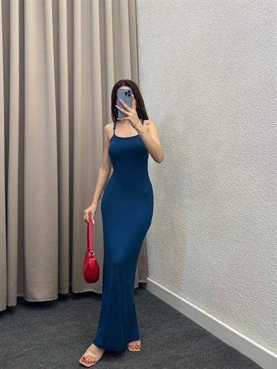 Sırt Pencere Detay Mavi Sandy Elbise