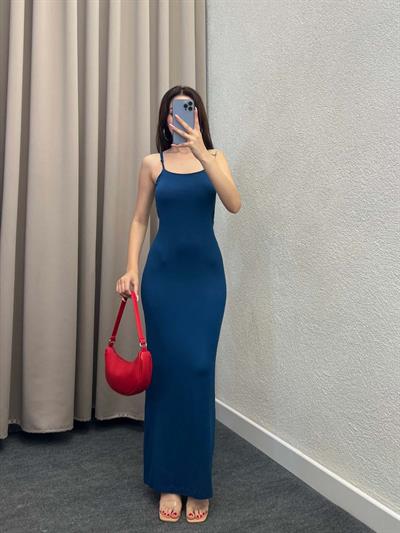 Sırt Pencere Detay Mavi Sandy Elbise