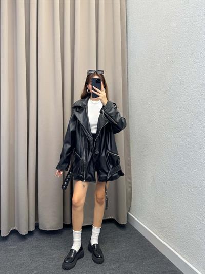 Siyah Biker Deri Ceket