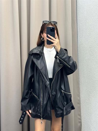Siyah Biker Deri Ceket