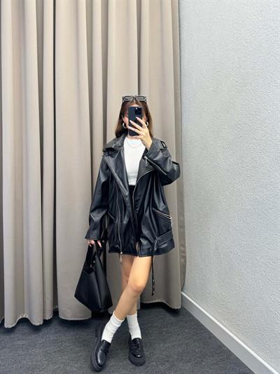 Siyah Biker Deri Ceket