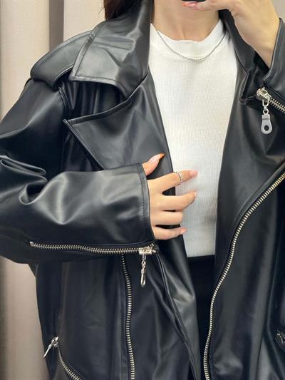 Siyah Biker Deri Ceket