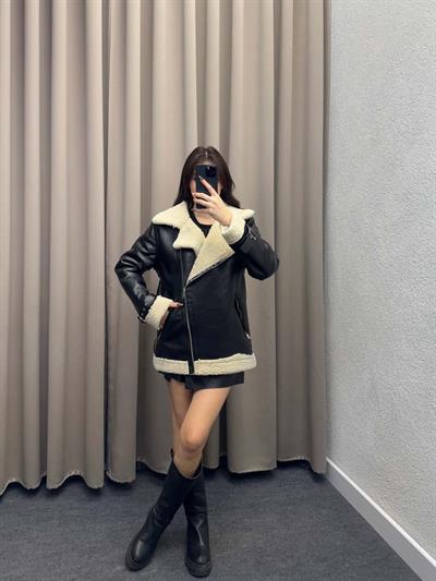 Siyah Deri İçi Kıvırcık Biker Ceket