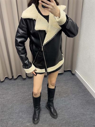 Siyah Deri İçi Kıvırcık Biker Ceket