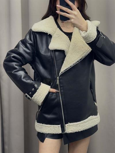 Siyah Deri İçi Kıvırcık Biker Ceket