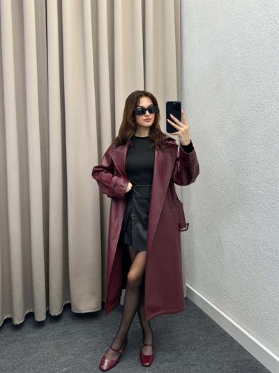 Smith Kırmızı Deri Trençkot