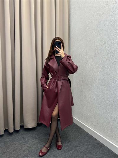 Smith Kırmızı Deri Trençkot