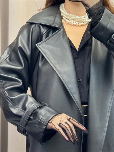 Smith Siyah Deri Trençkot