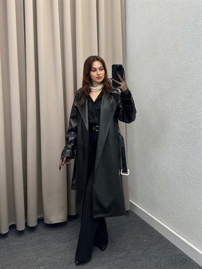 Smith Siyah Deri Trençkot