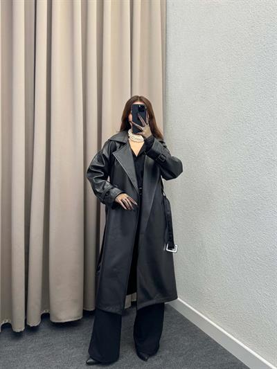 Smith Siyah Deri Trençkot