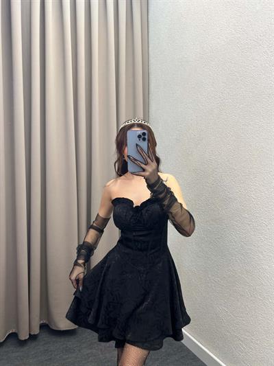 Straplez Model Kat Kat Volanlı Siyah Jarse Mini Şort Elbise