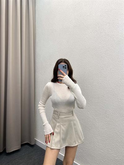 Vials Krem Bisiklet Yaka Tül Örgü Bluz