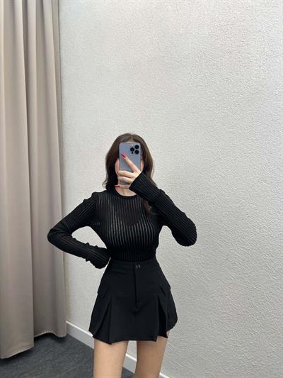 Vials Siyah Bisiklet Yaka Tül Örgü Bluz