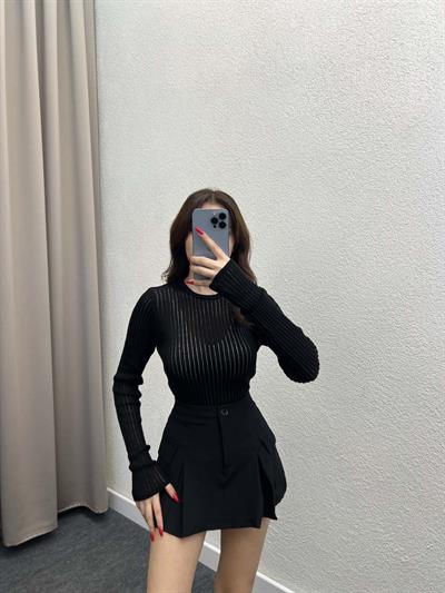 Vials Siyah Bisiklet Yaka Tül Örgü Bluz