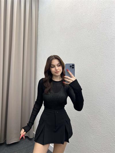 Vials Siyah Bisiklet Yaka Tül Örgü Bluz