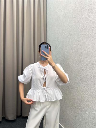 Voleta Önü Bağlamalı Beyaz Bluz