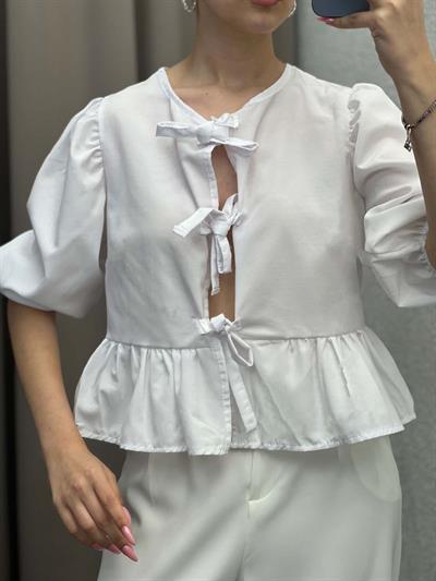 Voleta Önü Bağlamalı Beyaz Bluz