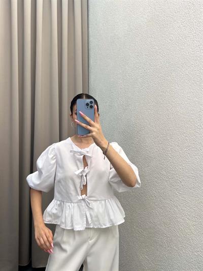 Voleta Önü Bağlamalı Beyaz Bluz