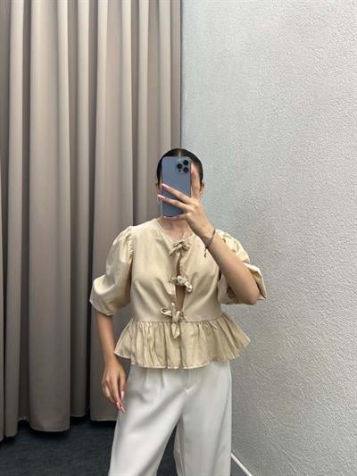 Voleta Önü Bağlamalı Krem Bluz