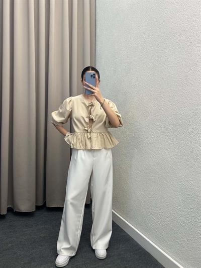 Voleta Önü Bağlamalı Krem Bluz