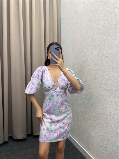 Webbed Mor Çiçekli Elbise