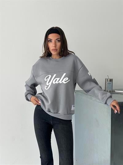 Yale Baskılı Oversize Gri Sweatshirt