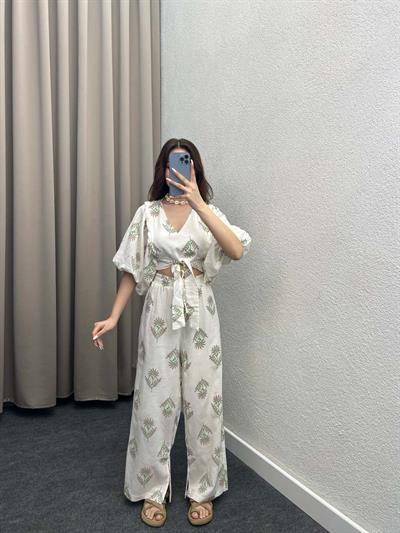 Yırtmaçlı Tasarım Yeşil Bohem Takım