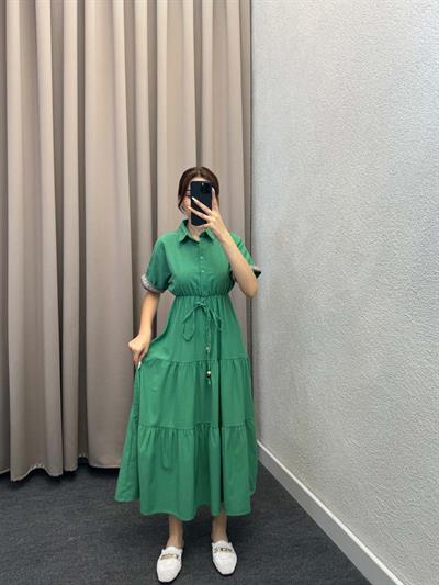 Zhao Gömlek Yaka Yeşil Keten Elbise