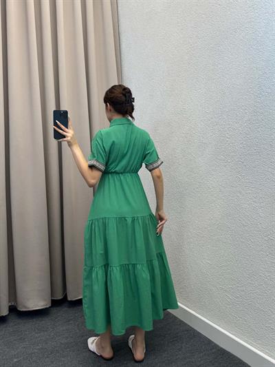 Zhao Gömlek Yaka Yeşil Keten Elbise