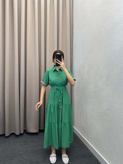 Zhao Gömlek Yaka Yeşil Keten Elbise