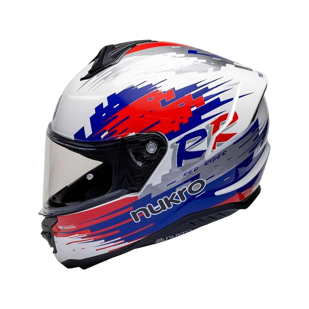 Nukro 987 Glossy White Red Blue Kapalı Kask 