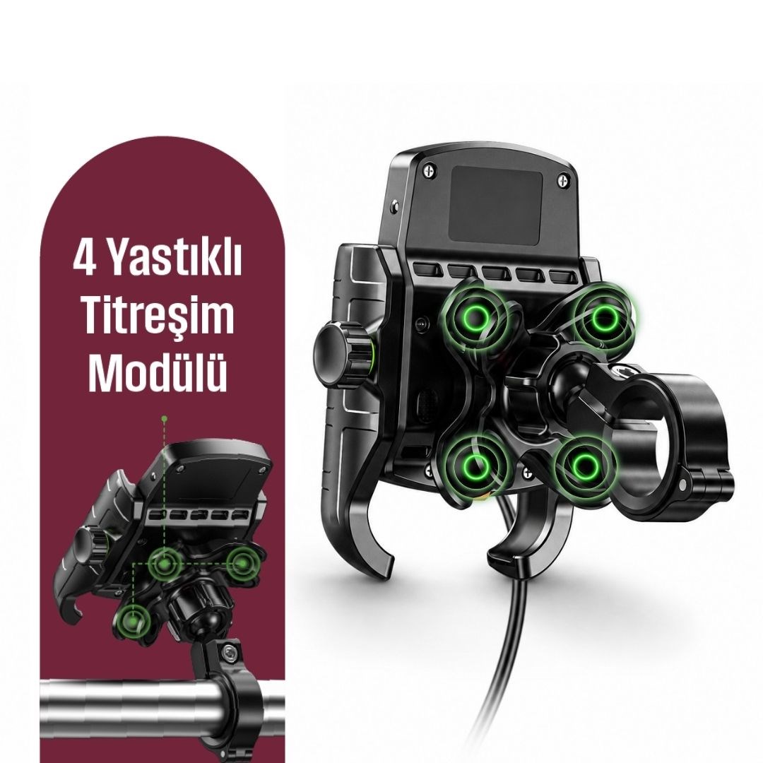 SF Pro 4 Yastıklı Titreşim Modüllü Motosiklet Telefon Tutucu – 15W Kablosuz Şarj & USB-C Hızlı Şarj