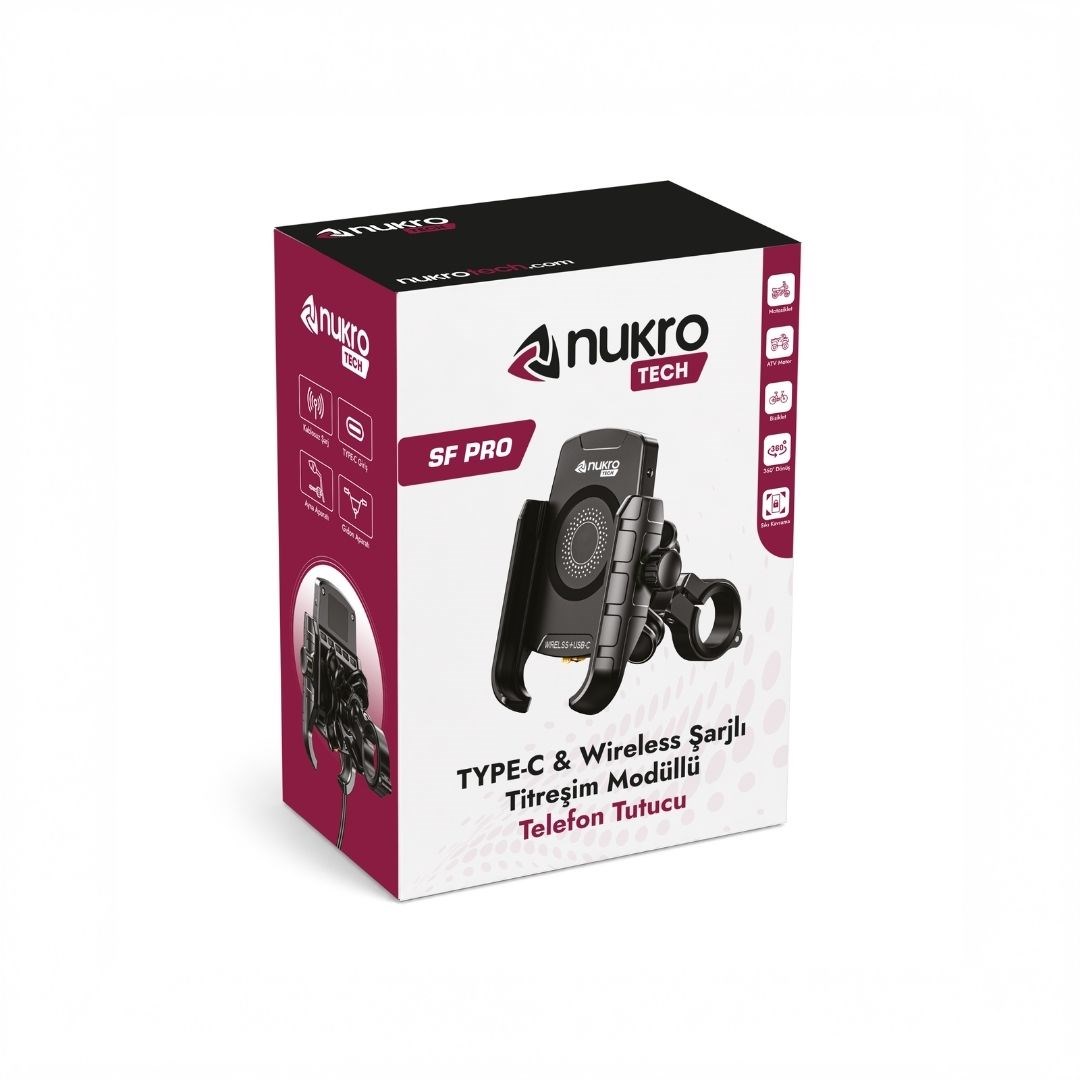 SF Pro 4 Yastıklı Titreşim Modüllü Motosiklet Telefon Tutucu – 15W Kablosuz Şarj & USB-C Hızlı Şarj