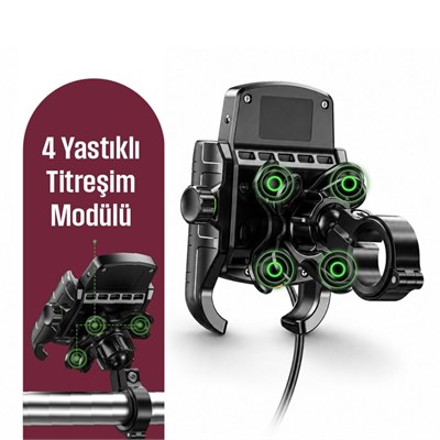 SF Pro 4 Yastıklı Titreşim Modüllü Motosiklet Telefon Tutucu – 15W Kablosuz Şarj & USB-C Hızlı Şarj