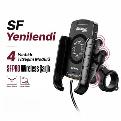 SF Pro 4 Yastıklı Titreşim Modüllü Motosiklet Telefon Tutucu – 15W Kablosuz Şarj & USB-C Hızlı Şarj