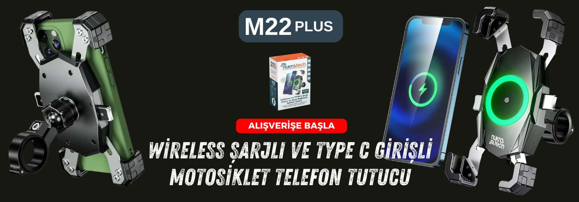 M22 PLUS Wireless Şarjlı ve TYPE C Motosiklet Telefon Tutucu